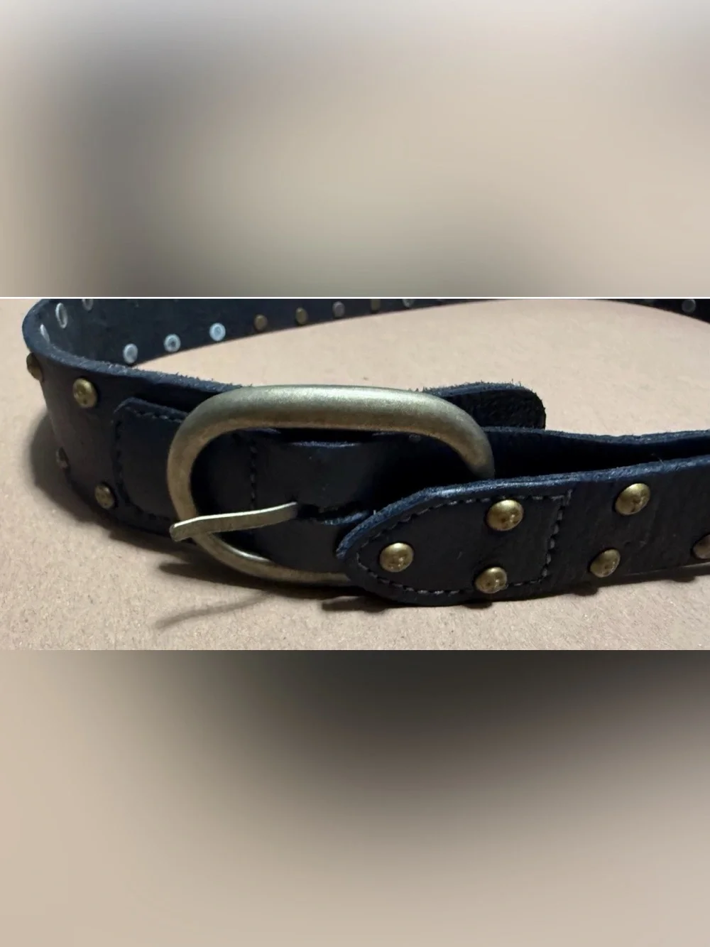 Free People Black Leather Belt Brass Buckle Studded Boho Western One size